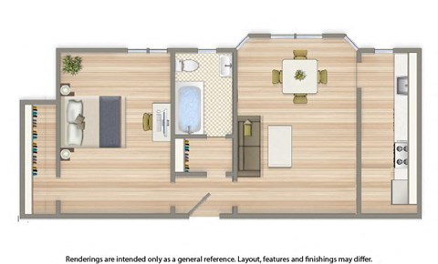 Floor plan for 1 bed, 1 bath, 729 sqft